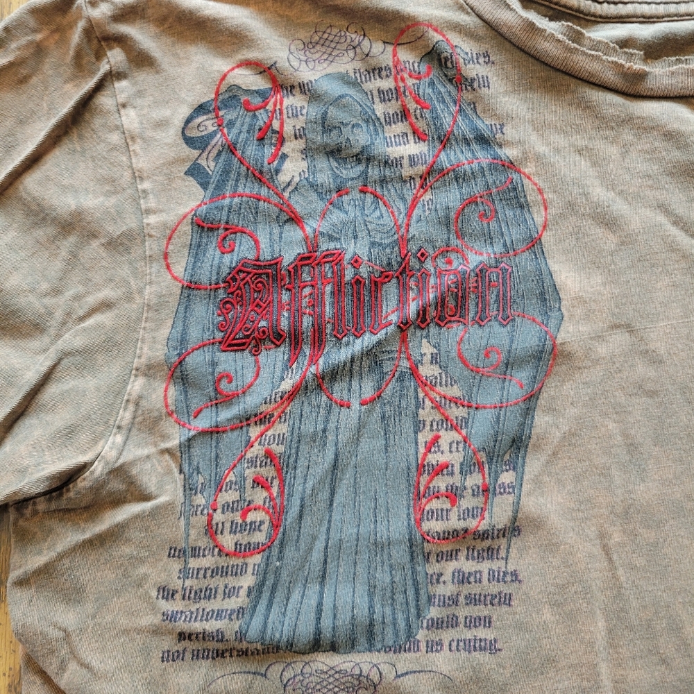 Vintage Y2K Men's Affliction Tshirt Size XL Brown With Flocked Red Details